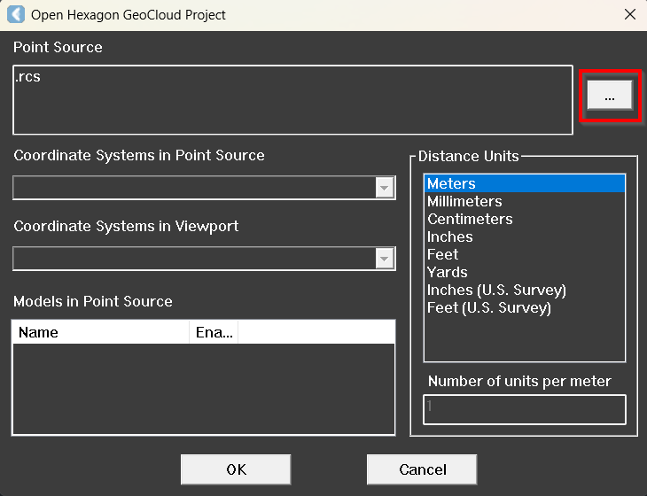 User interface for selecting point source and distance units in Hexagon GeoCloud Project.